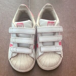 Adidas White and Pink Velcro Sneakers with Shell Toe